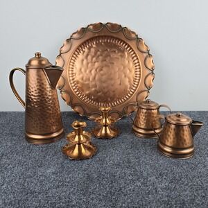 Gregorian Copper Vtg 7pc Hammered Set‎ USA Coffee Pot Creamer Sugar Tray Candle